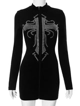Neck Zipper Long Sleeve Short Dress